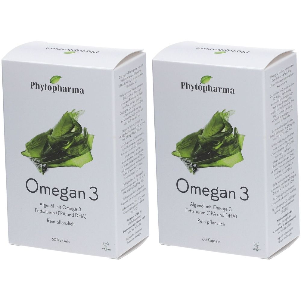 Deux boîtes blanches "Phytopharma Omegan 3". Image d'algues. Texte: Huile d'algues avec Oméga 3 acides gras (EPA et DHA).