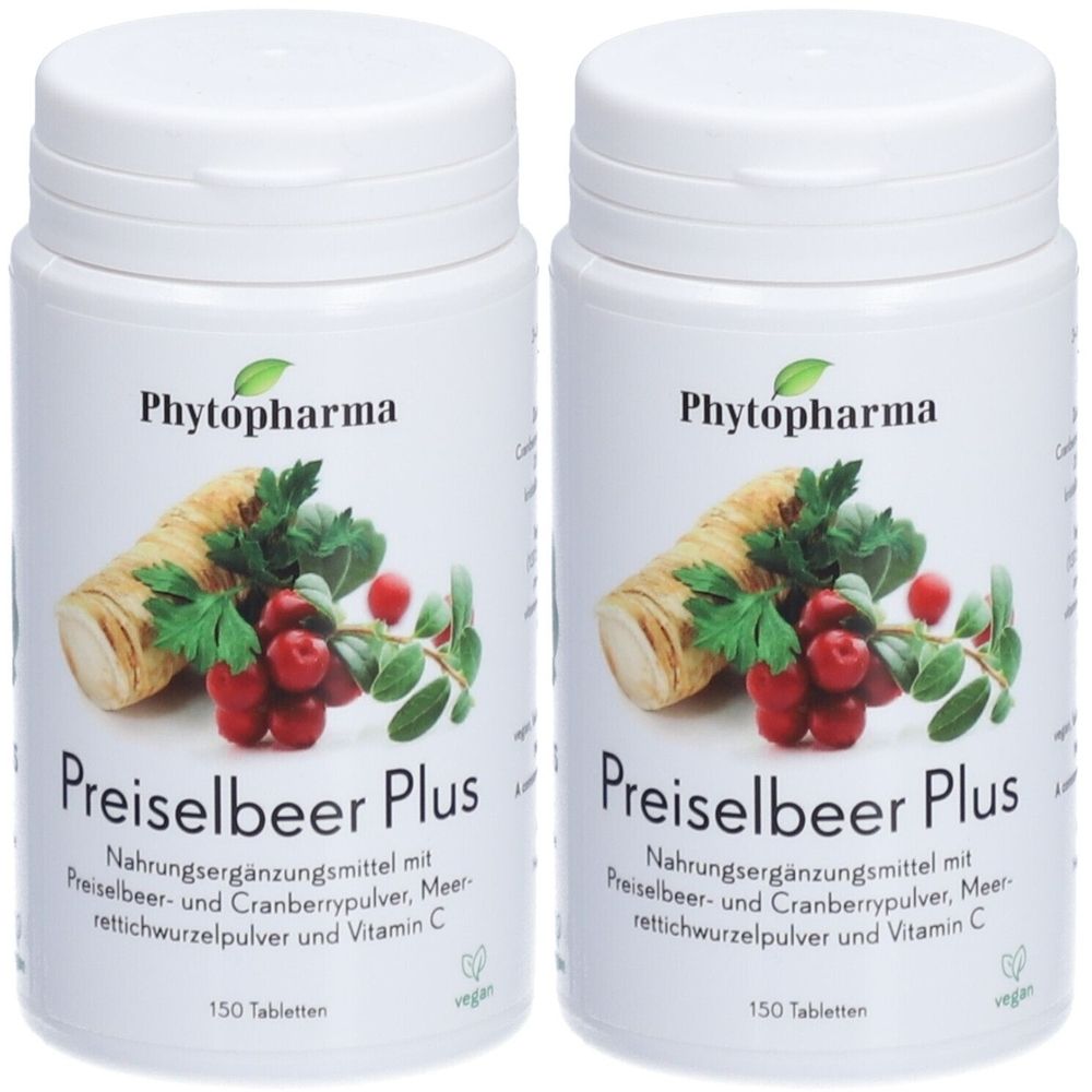 Deux flacons blancs de PHYTOPHARMA Preiselbeer Plus. Inscription : Preiselbeer Plus, 150 comprimés. Label végétalien.