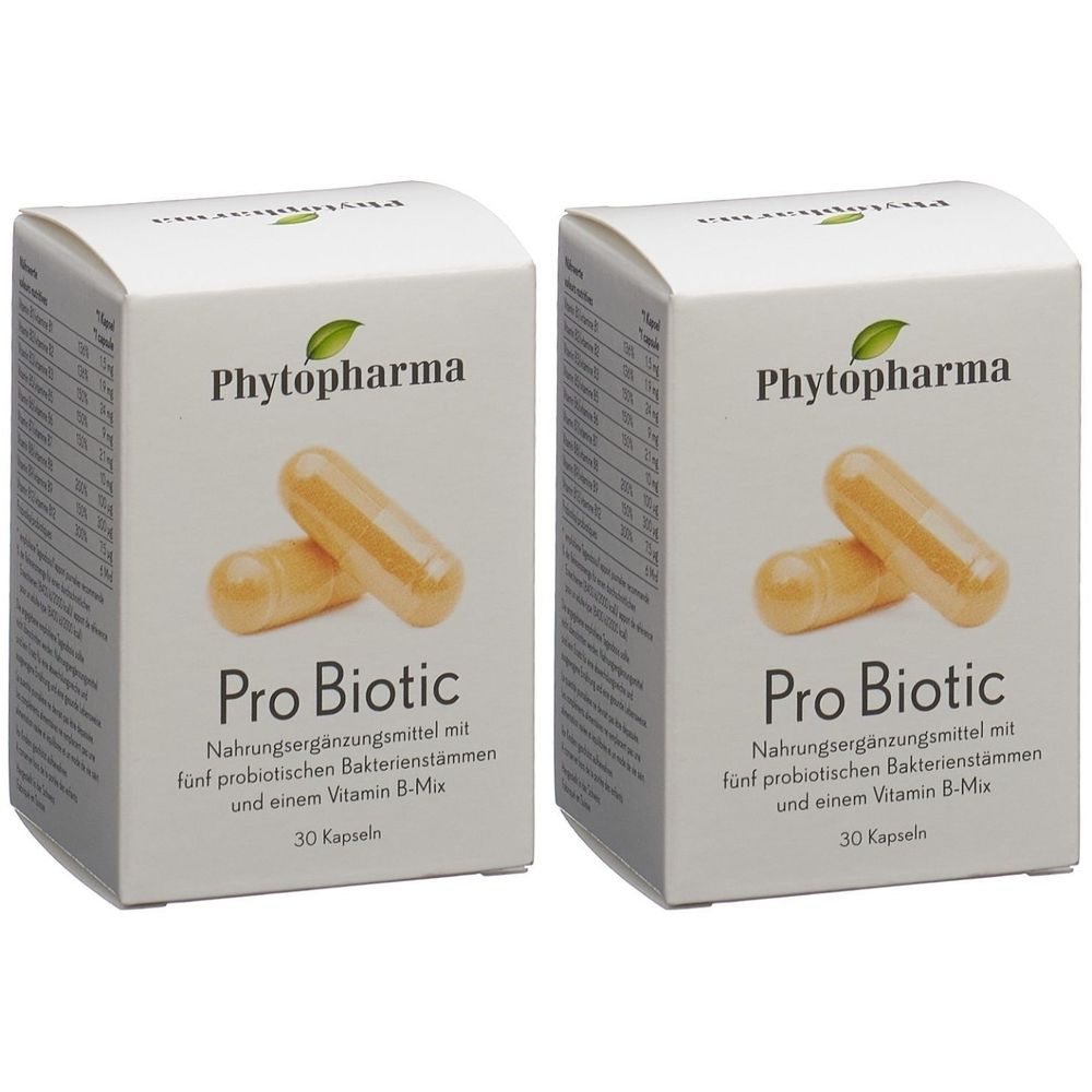 Deux boîtes blanches avec "Phytopharma" et "Pro Biotic". Deux gélules jaunes. Texte: Complément alimentaire avec cinq souches bactériennes probiotiques et vitamine B-Mix. 30 gélules.