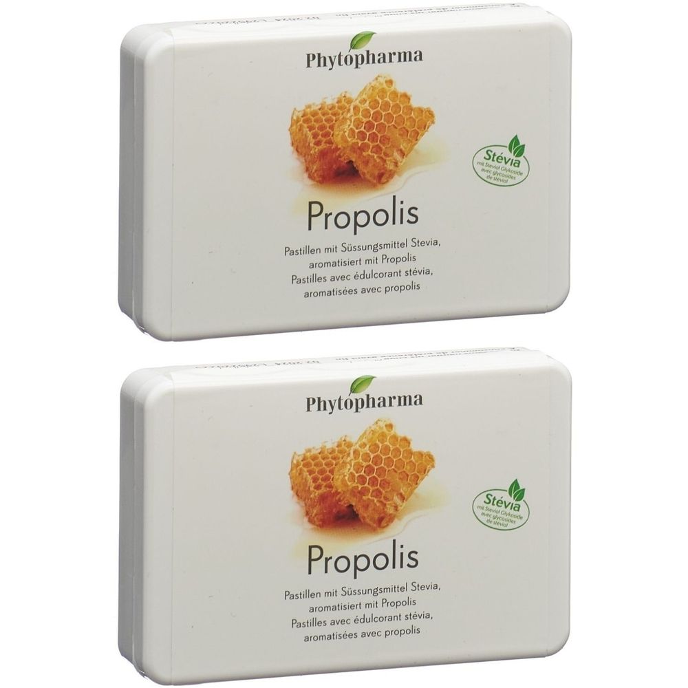 Deux boîtes blanches de pastilles de propolis. Impression : marque Phytopharma, illustration de rayons de miel, mot Propolis, logo Stevia.