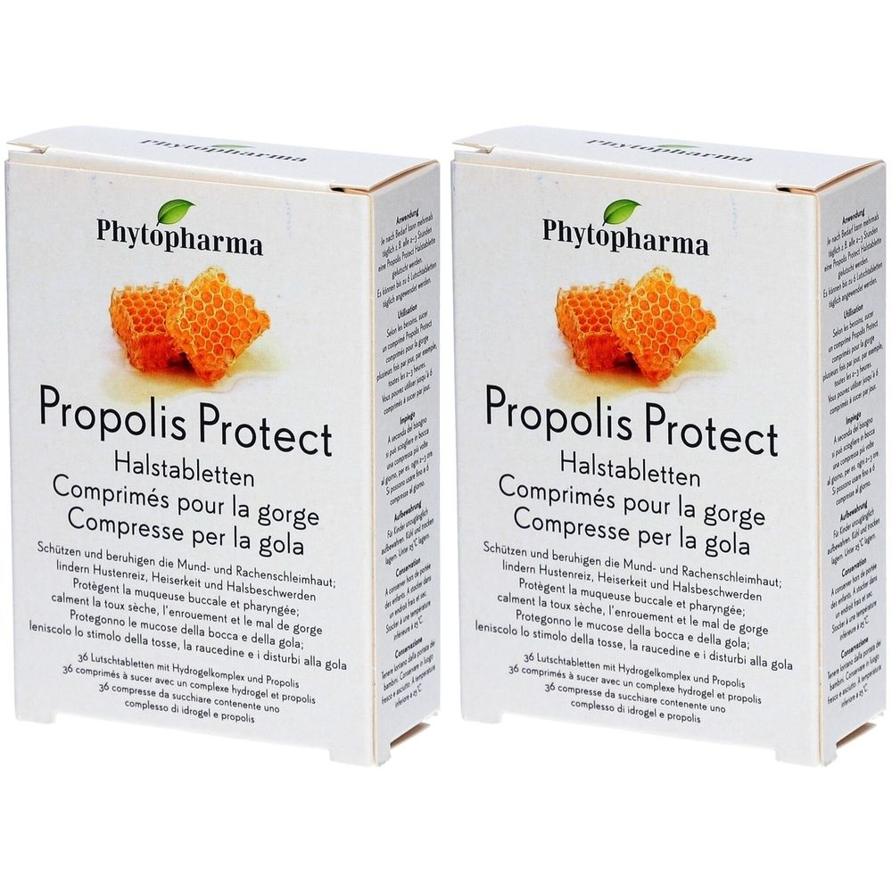 Deux boîtes de "Phytopharma Propolis Protect Halstabletten". Illustration d'un rayon de miel, nom du produit, texte multilingue.