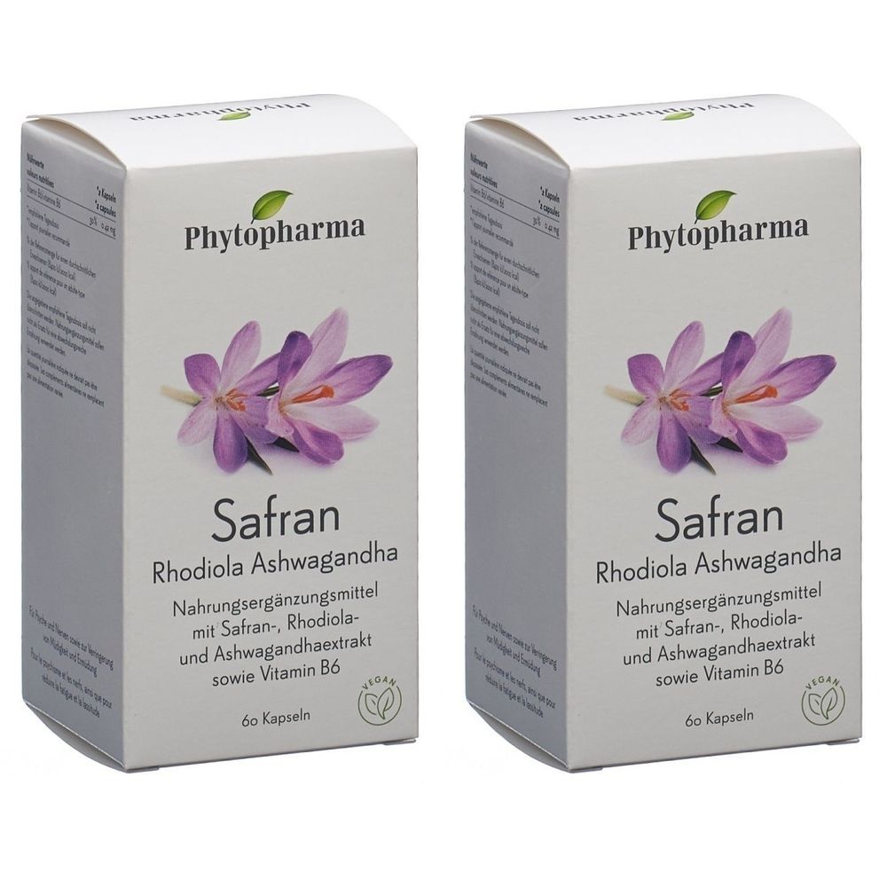 Deux boîtes blanches avec informations produit. Inscription : Safran, Rhodiola Ashwagandha, complément alimentaire. Marque : Phytopharma.