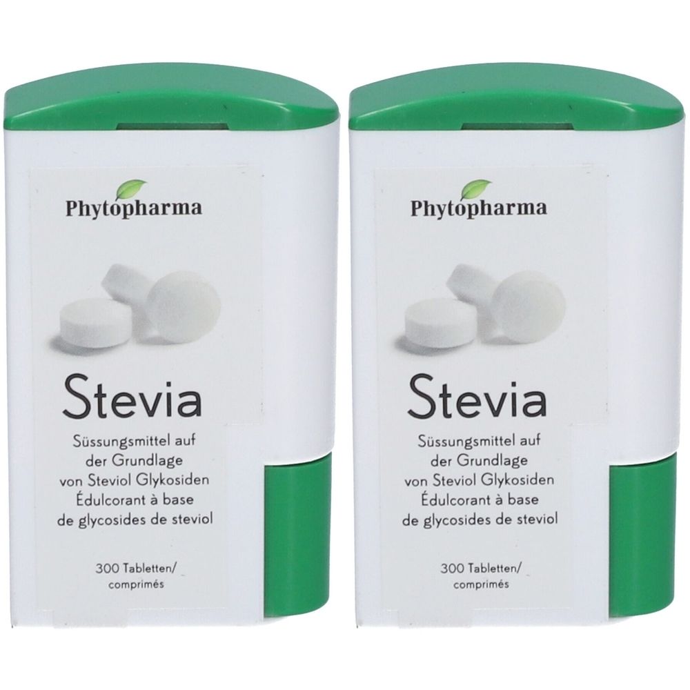 Deux boîtes blanches avec couvercles verts. Inscription: Phytopharma, Stevia, édulcorant. 300 comprimés.