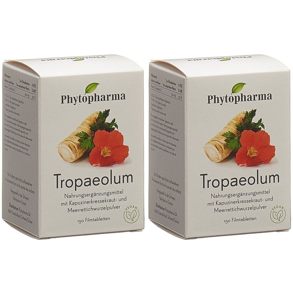 Deux boîtes blanches "Phytopharma Tropaeolum". Illustration de raifort, capucine. Texte: Complément alimentaire, 150 comprimés pelliculés.
