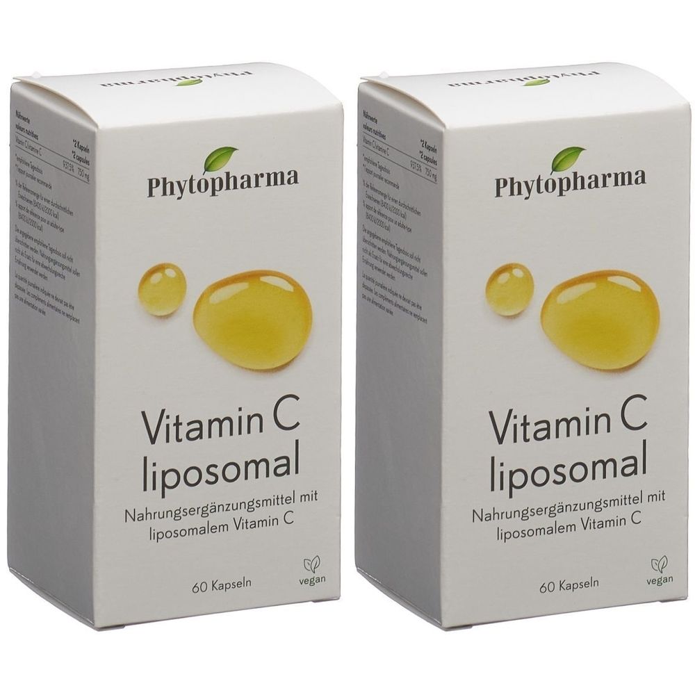 Deux boîtes blanches avec impression du produit. Inscription : Phytopharma, Vitamine C liposomale, 60 gélules. Illustration de gélules.