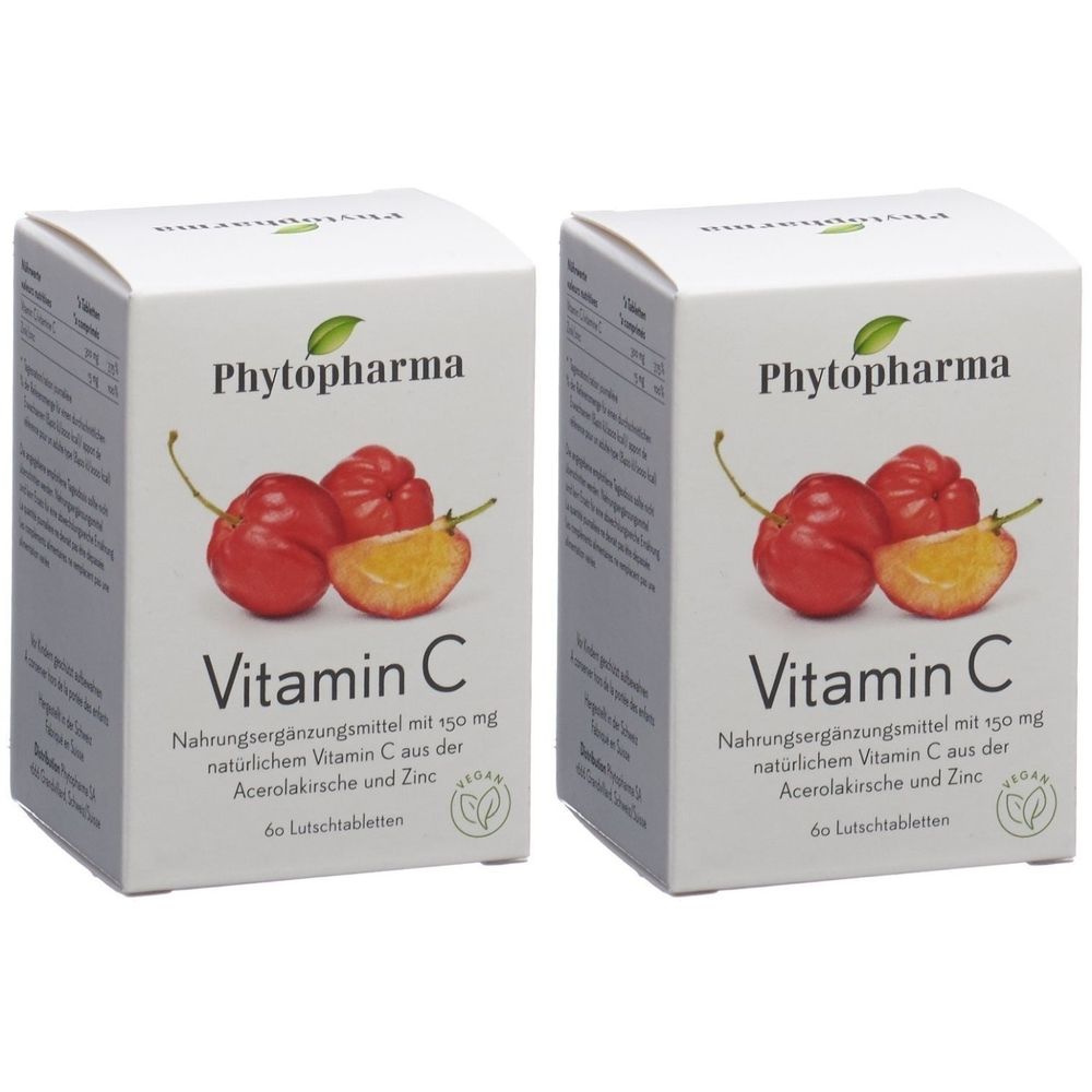 Deux boîtes blanches "Phytopharma Vitamin C". Illustration de cerises acérola. Texte: Complément alimentaire, 60 comprimés à sucer.