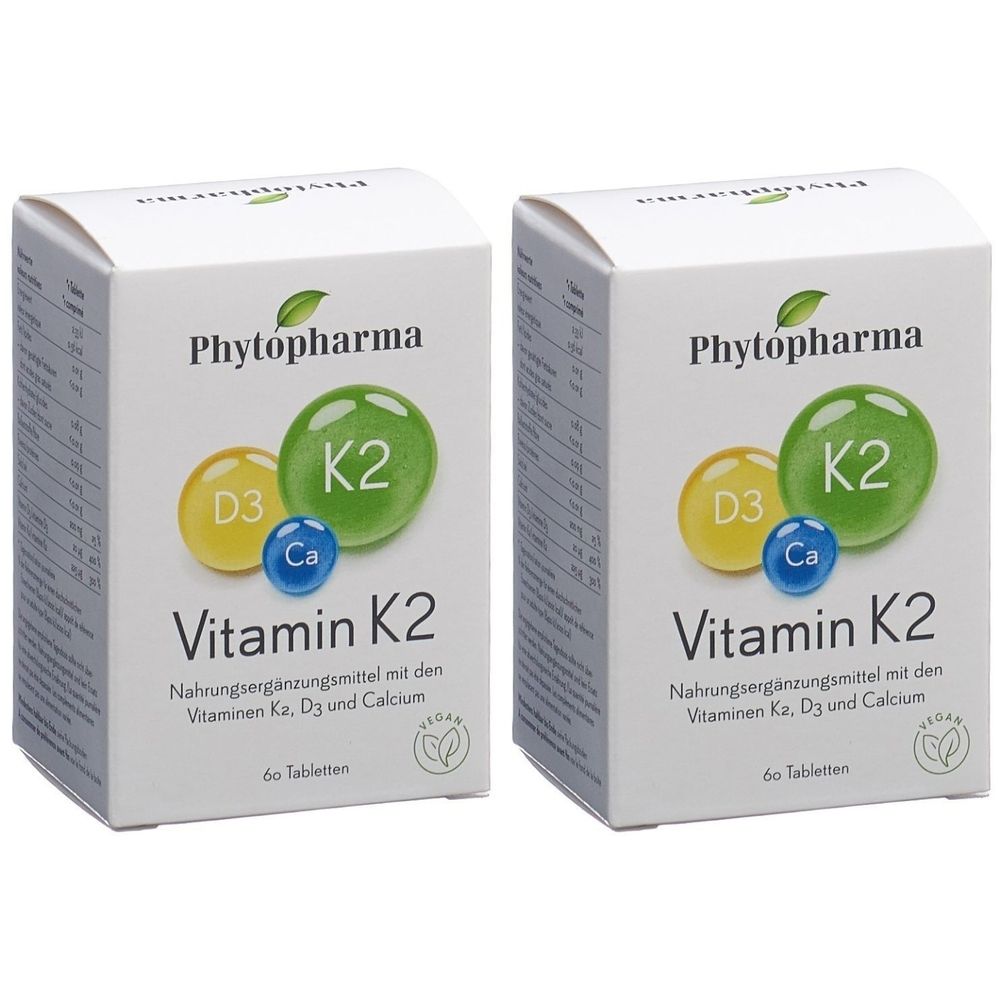 Deux boîtes blanches "Phytopharma Vitamine K2". Inscriptions : K2, D3, Ca, 60 comprimés, vegan. Complément alimentaire avec vitamines K2, D3 et calcium.
