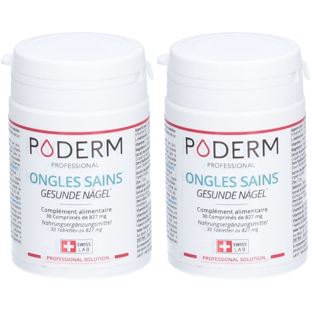 Deux flacons blancs avec texte rouge. Inscription: PODERM, ONGLES SAINS, GESUNDE NÄGEL. Logo Swiss Lab.