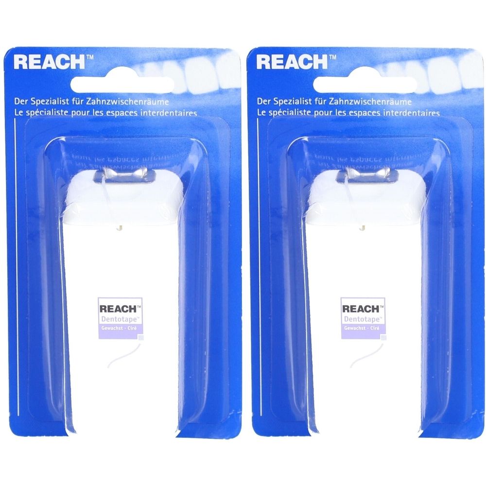 Deux paquets de fil dentaire dans un emballage bleu. Inscription : REACH, Le spécialiste pour les espaces interdentaires.