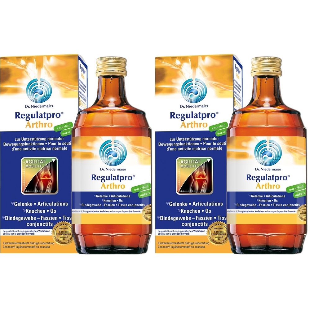 Plusieurs flacons de liquide brun et boîtes. L'étiquette indique "Regulatpro Arthro".