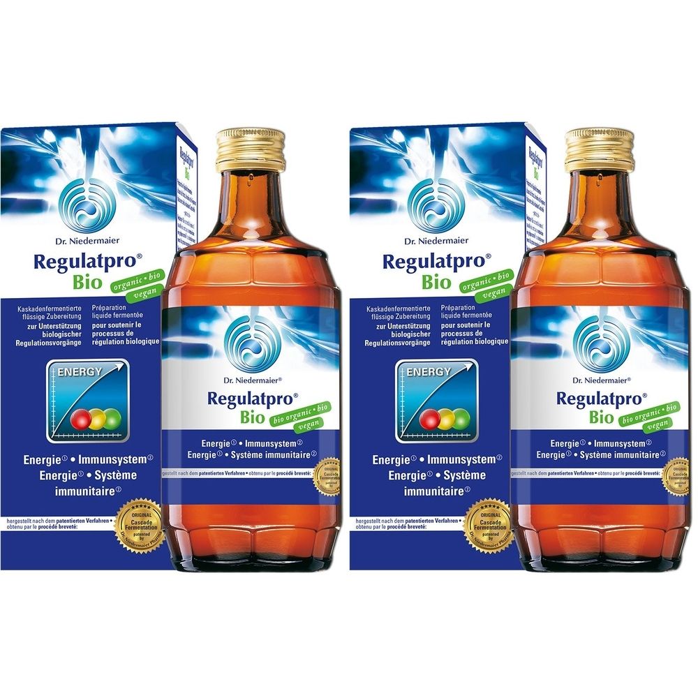 Plusieurs bouteilles et boîtes de Regulatpro Bio. Logos et informations sur le produit sont visibles sur les bouteilles et les boîtes.