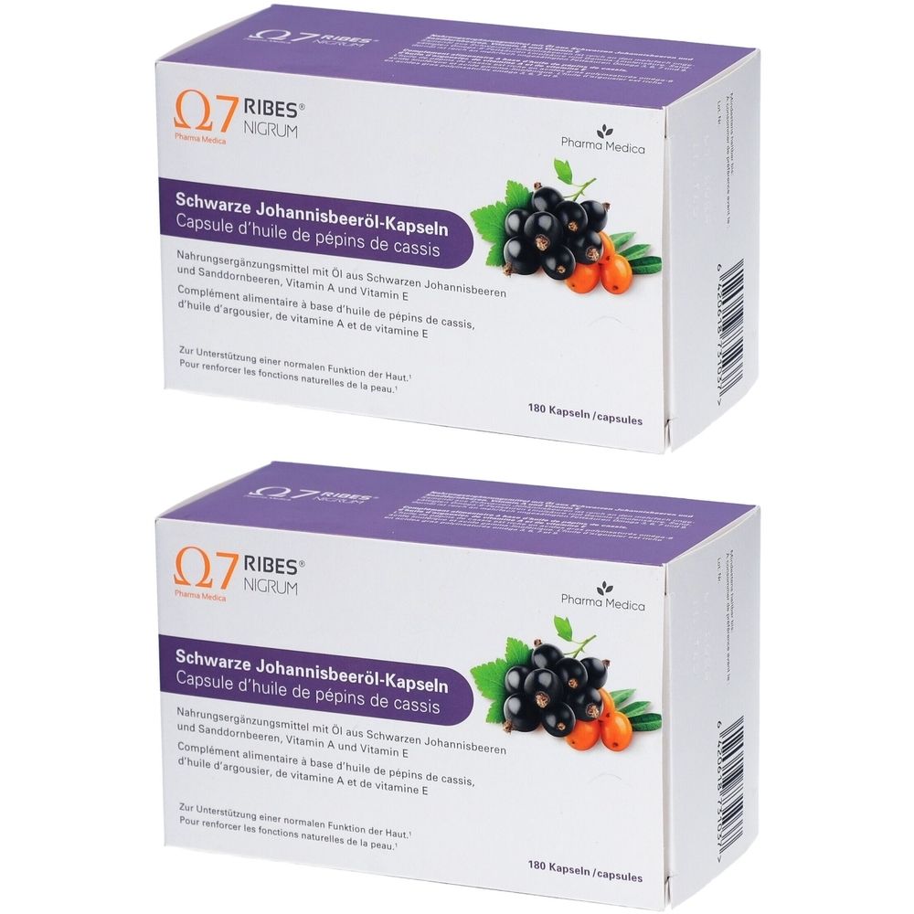 Deux boîtes de gélules. Inscription: Schwarze Johannisbeeröl-Kapseln. Illustration de cassis et d'argousier.