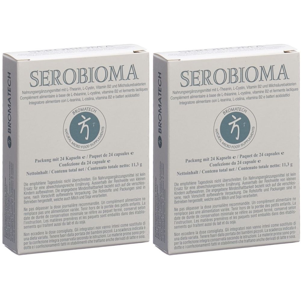 Deux boîtes SEROBIOMA. Le nom BROMATECH est visible sur chaque boîte. Emballage de 24 gélules.