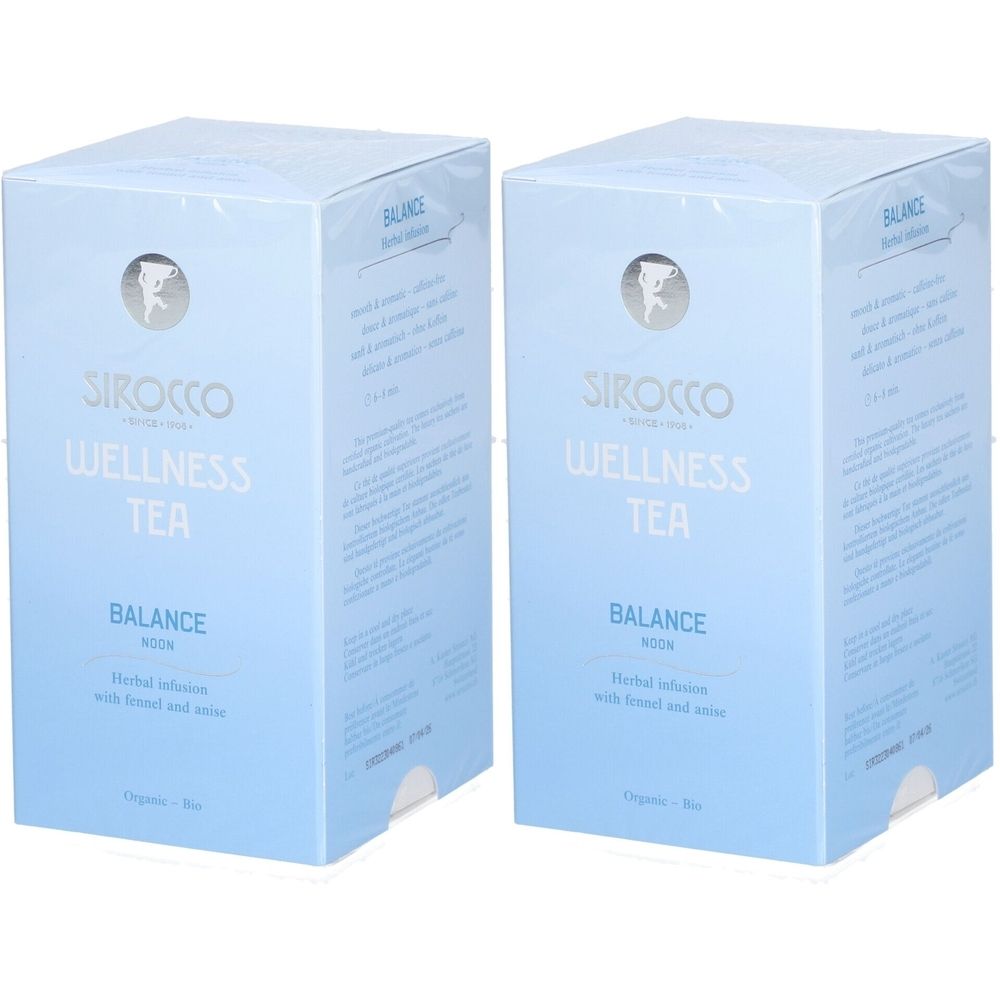 Deux boîtes carrées "Sirocco Wellness Tea Balance". Emballage bleu clair avec logo et texte. Infusion à base de plantes.
