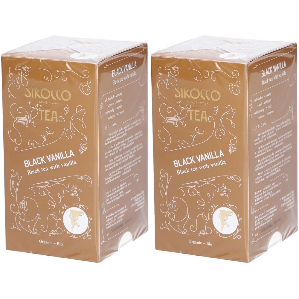 Deux boîtes marron avec l'inscription "SIKOLCO TEA BLACK VANILLA". Bio.
