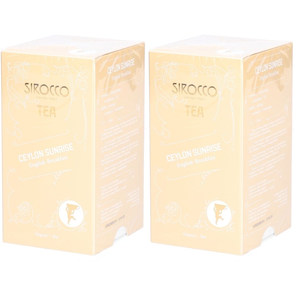 Deux boîtes rectangulaires. Inscription : Sirocco Tea, Ceylon Sunrise. Emballage beige doré.