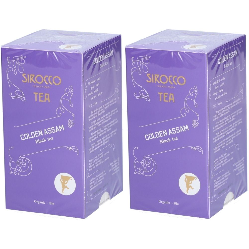 Deux boîtes violettes avec l'inscription "SIROCCO TEA GOLDEN ASSAM Black tea". Organique.