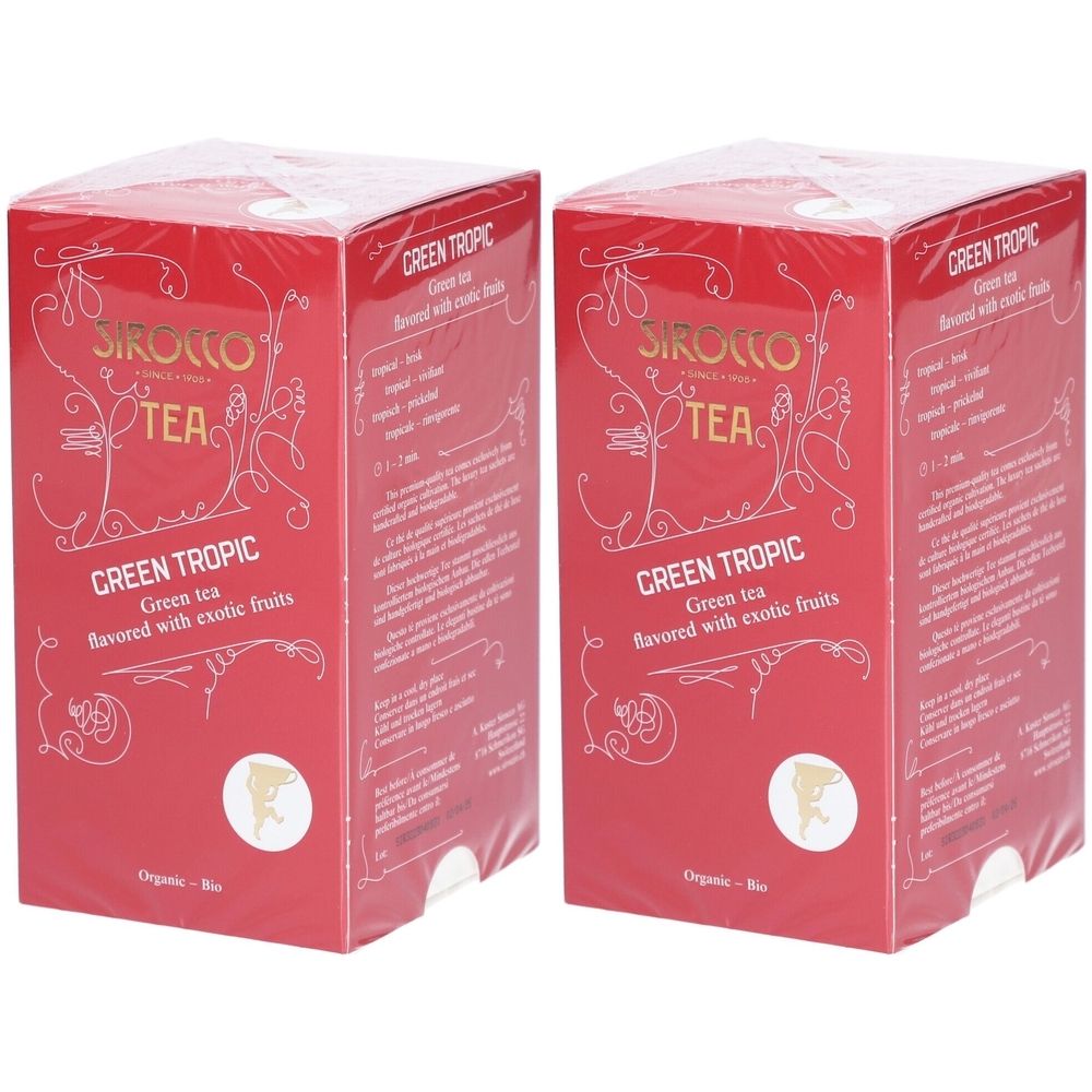 Deux boîtes rouges "SIROCCO TEA GREEN TROPIC". Texte: Thé vert aromatisé aux fruits exotiques. Label bio.