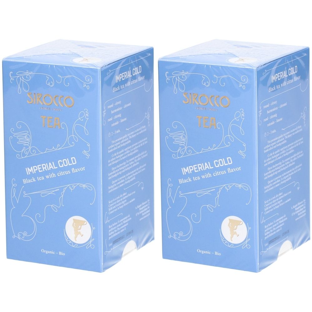Deux boîtes bleu clair avec impression. Inscription : Sirocco Tea Imperial Cold, thé noir à l'arôme d'agrumes. Organique - Bio.
