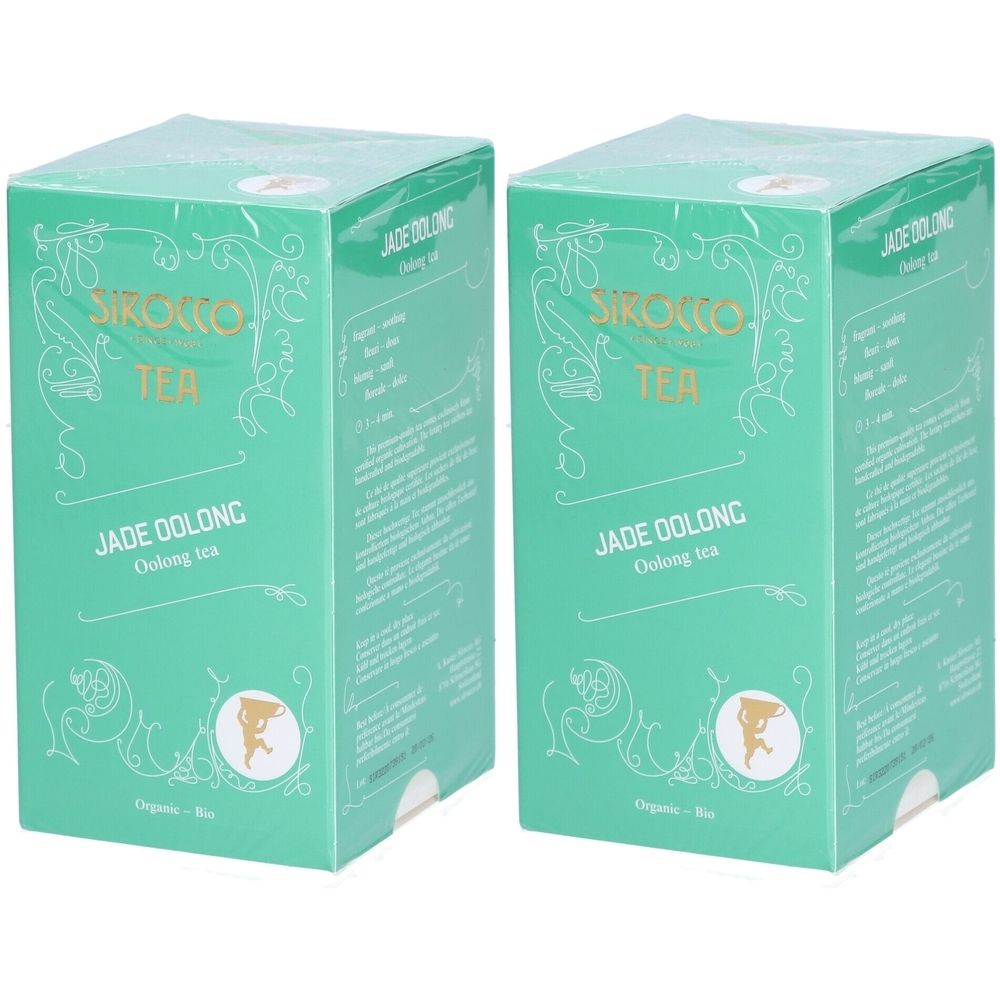 Deux boîtes vertes avec l'inscription "SIROCCO TEA JADE OOLONG". Thé Oolong. Organique - Bio.