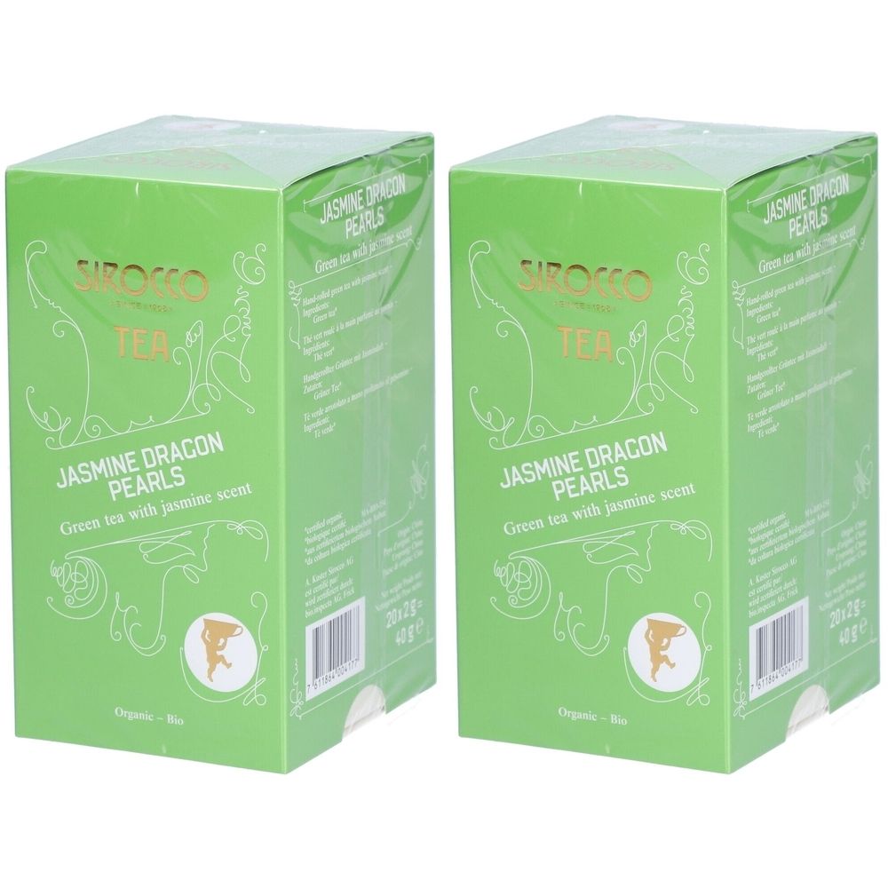 Deux boîtes vertes "Sirocco Tea Jasmine Dragon Pearls". Texte: Thé vert au parfum de jasmin. Label bio.