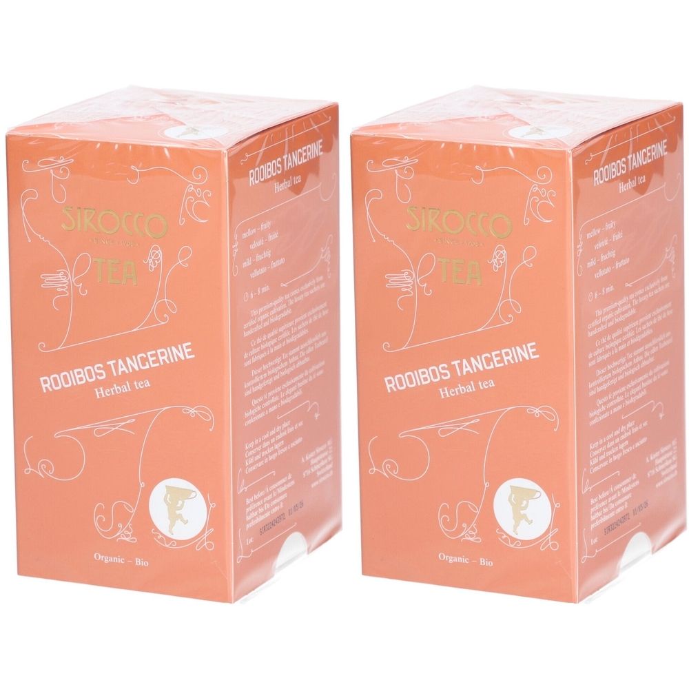 Deux boîtes carrées oranges avec l'inscription "Sirocco Tea Rooibos Tangerine".