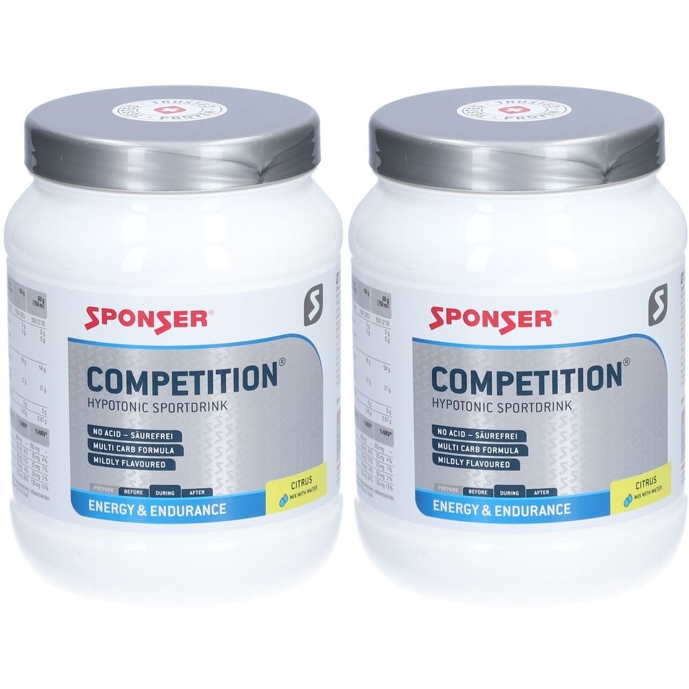 Deux pots blancs avec couvercles argentés. Inscription: SPONSER COMPETITION, boisson sportive hypotonique. Inscription: Citrus, Énergie & Endurance.