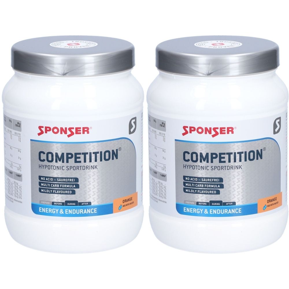 Deux pots blancs avec couvercles argentés. Inscription: SPONSER COMPETITION, boisson sportive, orange. Énergie & endurance.