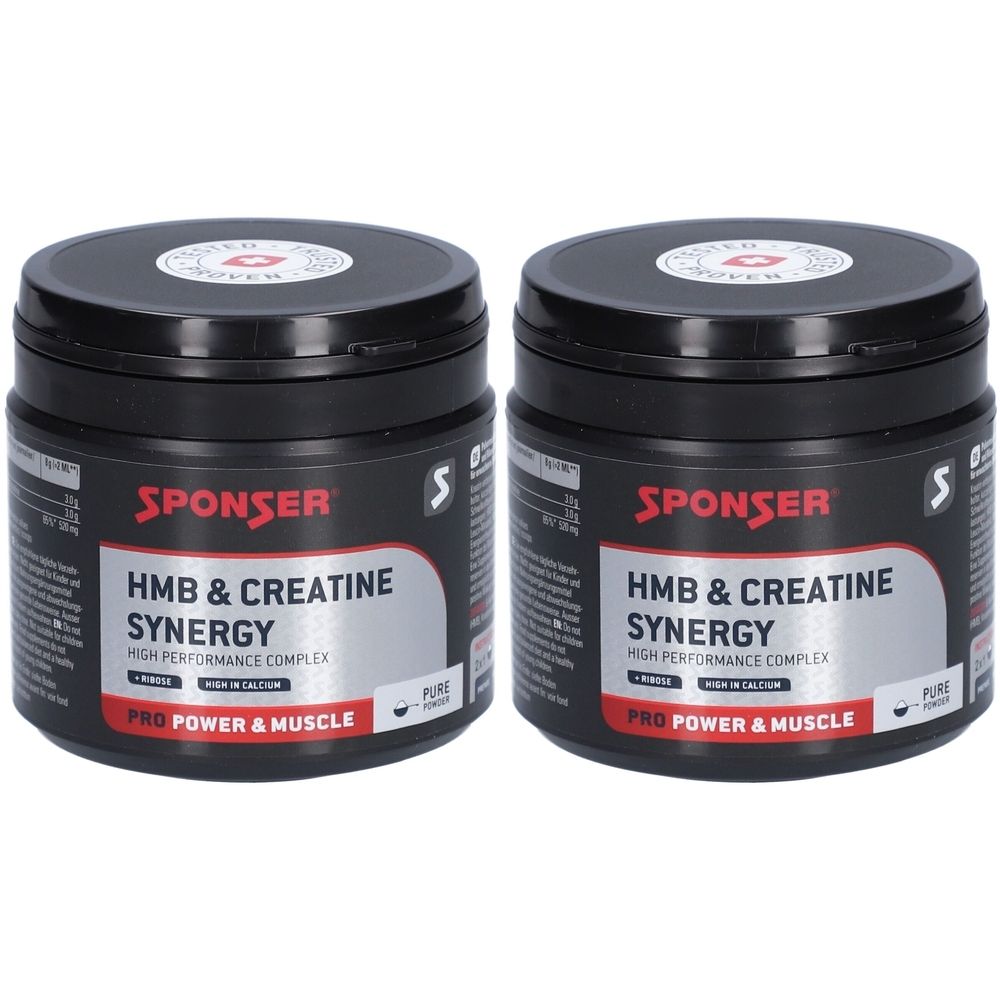 Deux boîtes noires avec le nom du produit "HMB & Creatine Synergy" et la marque "Sponser".