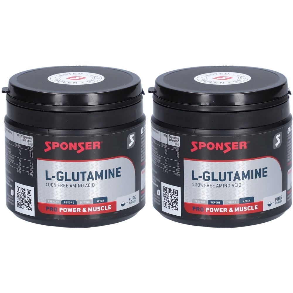 Deux boîtes noires avec l'inscription "SPONSER L-GLUTAMINE". Inscription : 100% Free Amino Acid. Pro Power & Muscle.