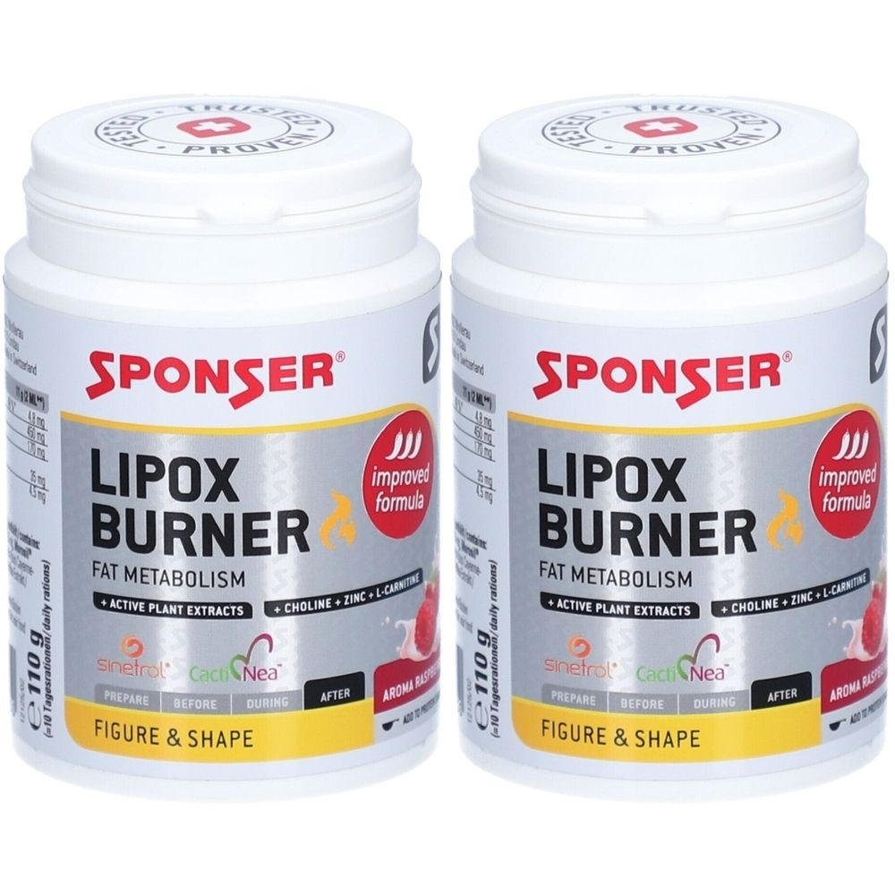 Deux boîtes blanches avec des inscriptions rouges et jaunes. Inscription : SPONSER LIPOX BURNER, Fat Metabolism, Figure & Shape.