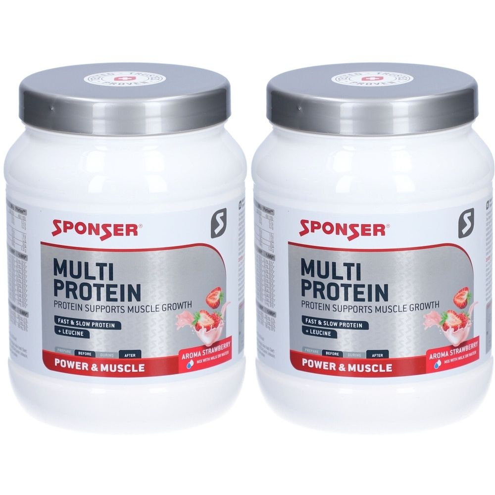 Deux pots blancs avec couvercles argentés. Inscription: SPONSER Multi Protein, la protéine favorise la croissance musculaire. Arôme fraise. Power & Muscle.