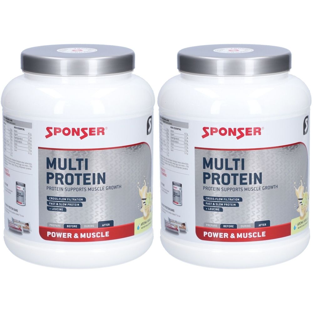 Deux boîtes blanches avec couvercles argentés. Inscription : SPONSER, Multi Protein. Favorise la croissance musculaire. Power & Muscle.