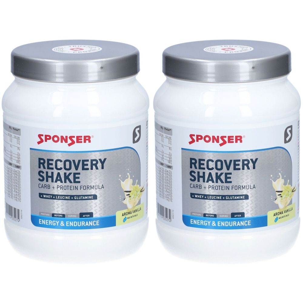 Deux pots blancs avec couvercles argentés. Sur le devant, "SPONSER RECOVERY SHAKE". Contient glucides, protéines, lactosérum, leucine, glutamine.