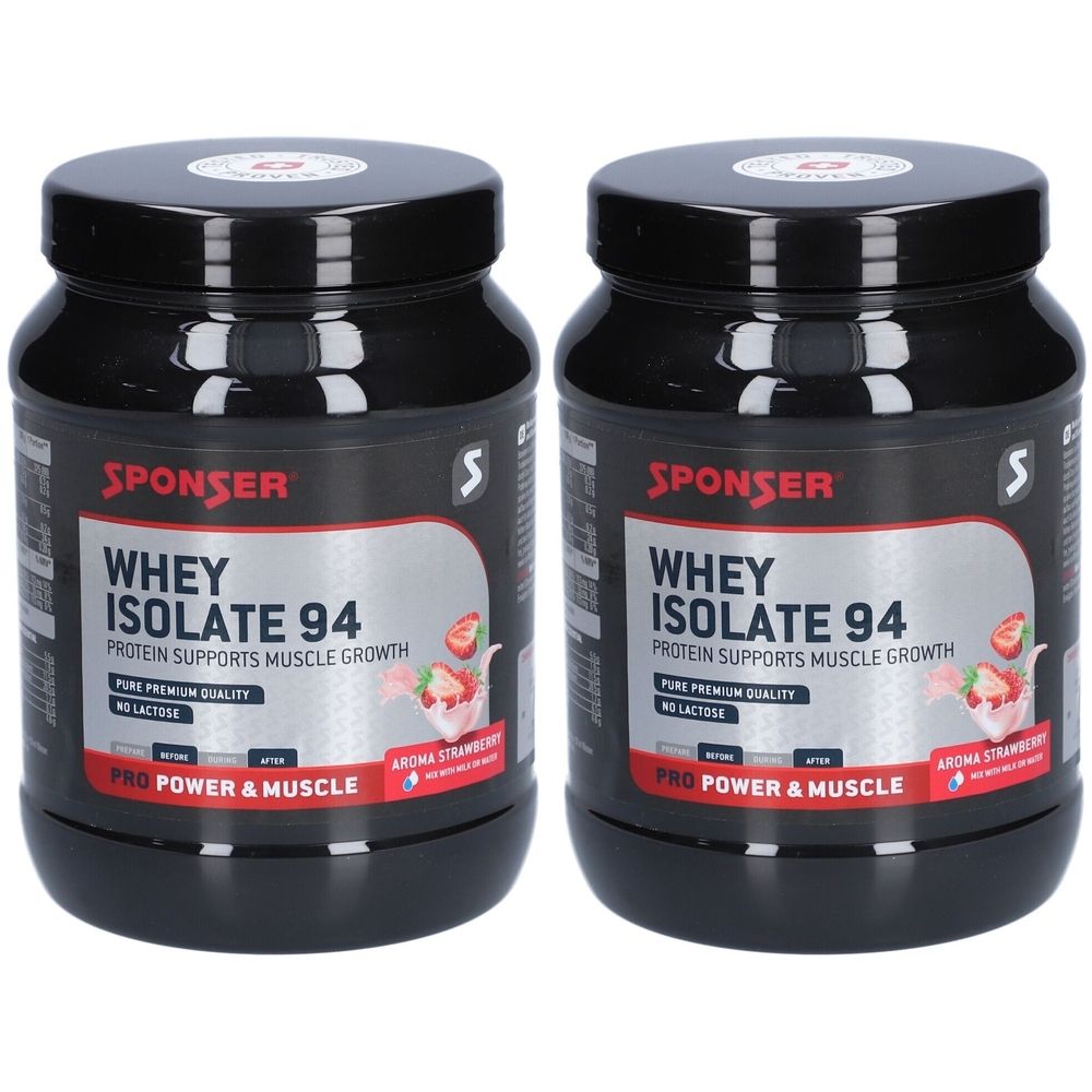 Deux boîtes noires avec l'inscription "SPONSER WHEY ISOLATE 94". Inscription : Les protéines favorisent la croissance musculaire. Arôme fraise.