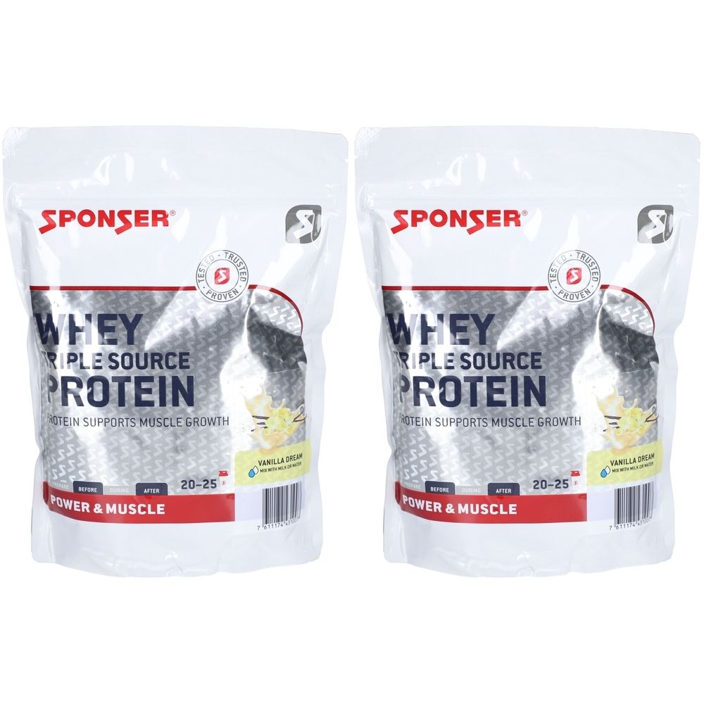 Deux sachets de protéine Sponser Whey. Inscription: Whey Triple Source Protein, 20-25, Power & Muscle. Goût vanille.