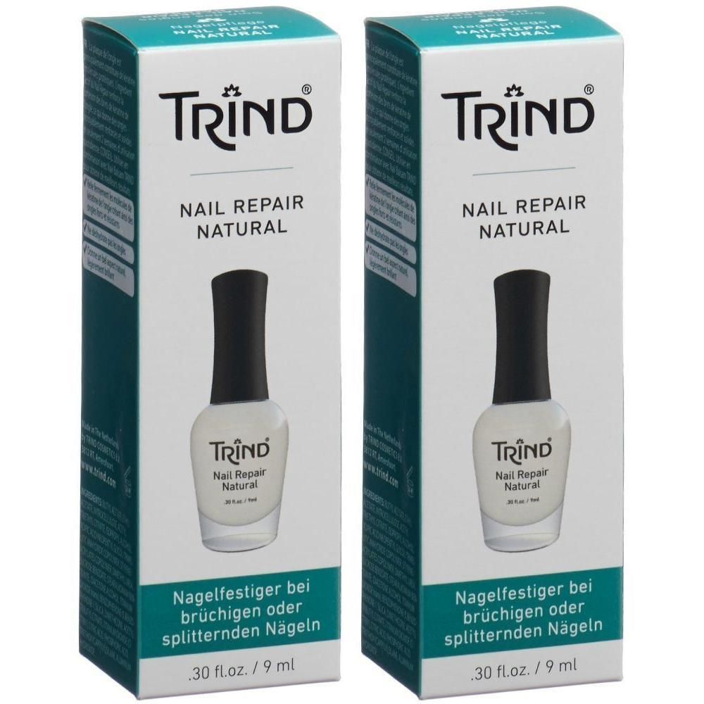 Deux boîtes de vernis TRIND Nail Repair Natural. Flacons avec bouchon noir.