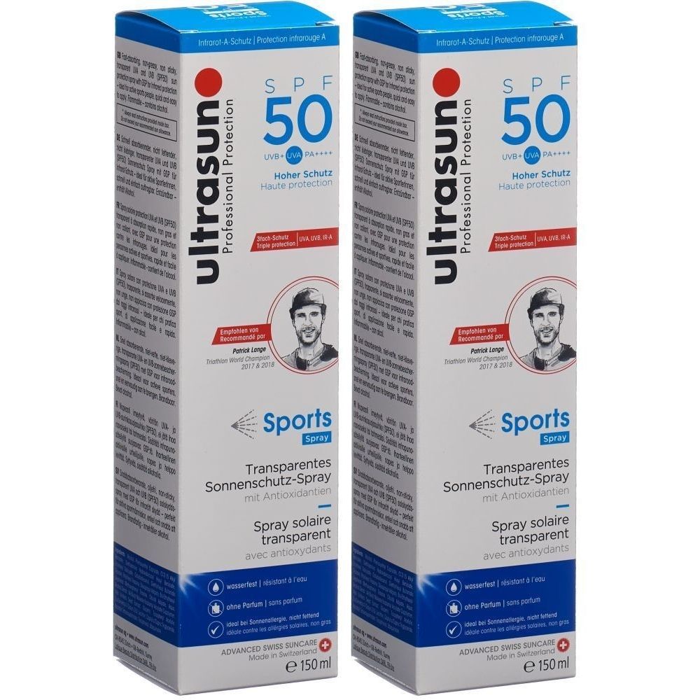 Deux emballages rectangulaires de ULTRASUN Sport-Spray SPF 50. Inscription : SPF 50, Sports, Spray solaire transparent.