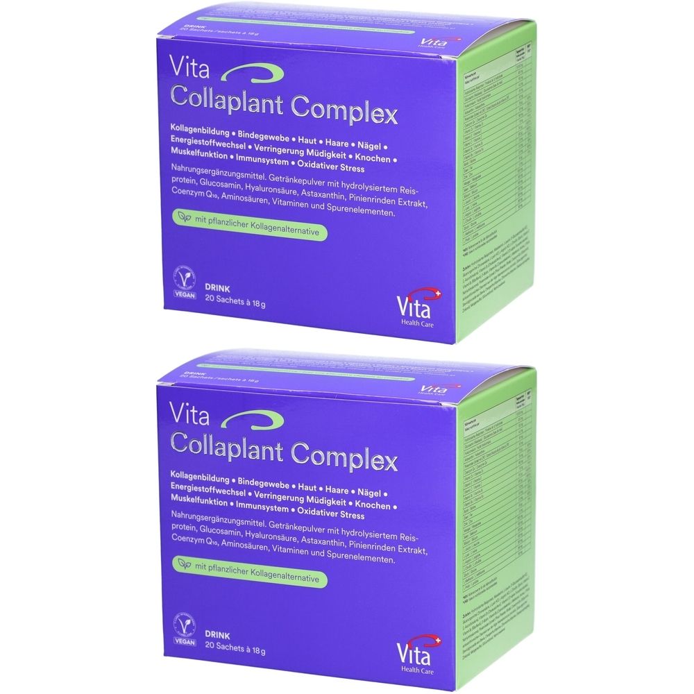 Deux boîtes violettes avec l'inscription "Vita Collaplant Complex". Inscriptions vertes et blanches. "Drink" et logo.