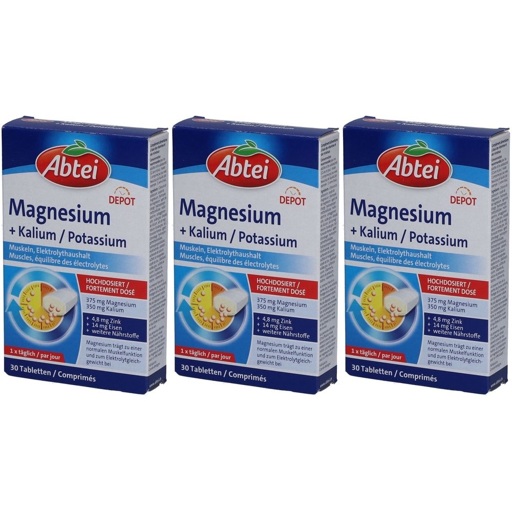 Trois boîtes de ABTEI Magnésium + Potassium. Emballage bleu avec texte blanc. Contient 30 comprimés. Inscription : Depot, fortement dosé.