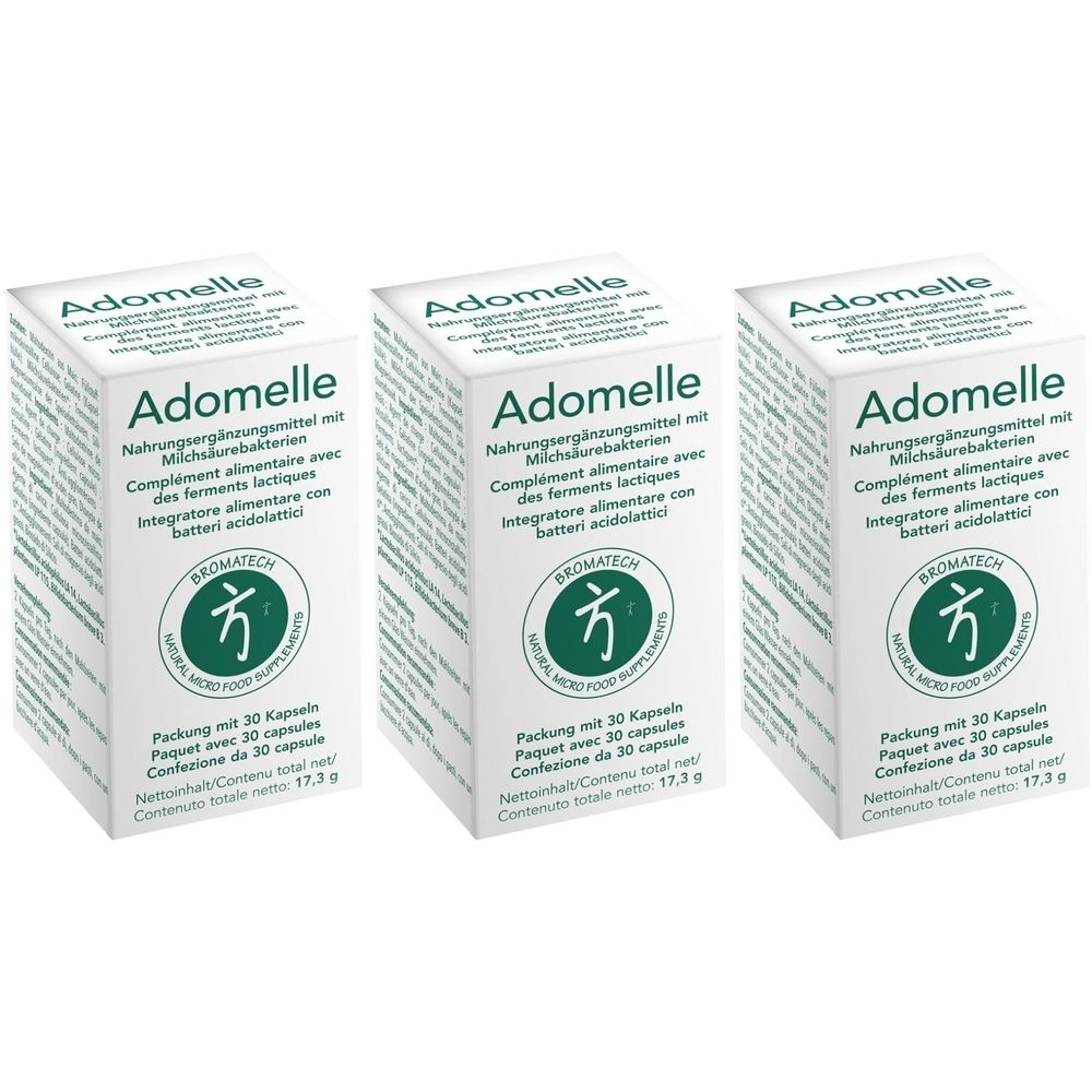 Trois boîtes blanches Adomelle. Inscriptions en allemand, français et italien. Logo vert.