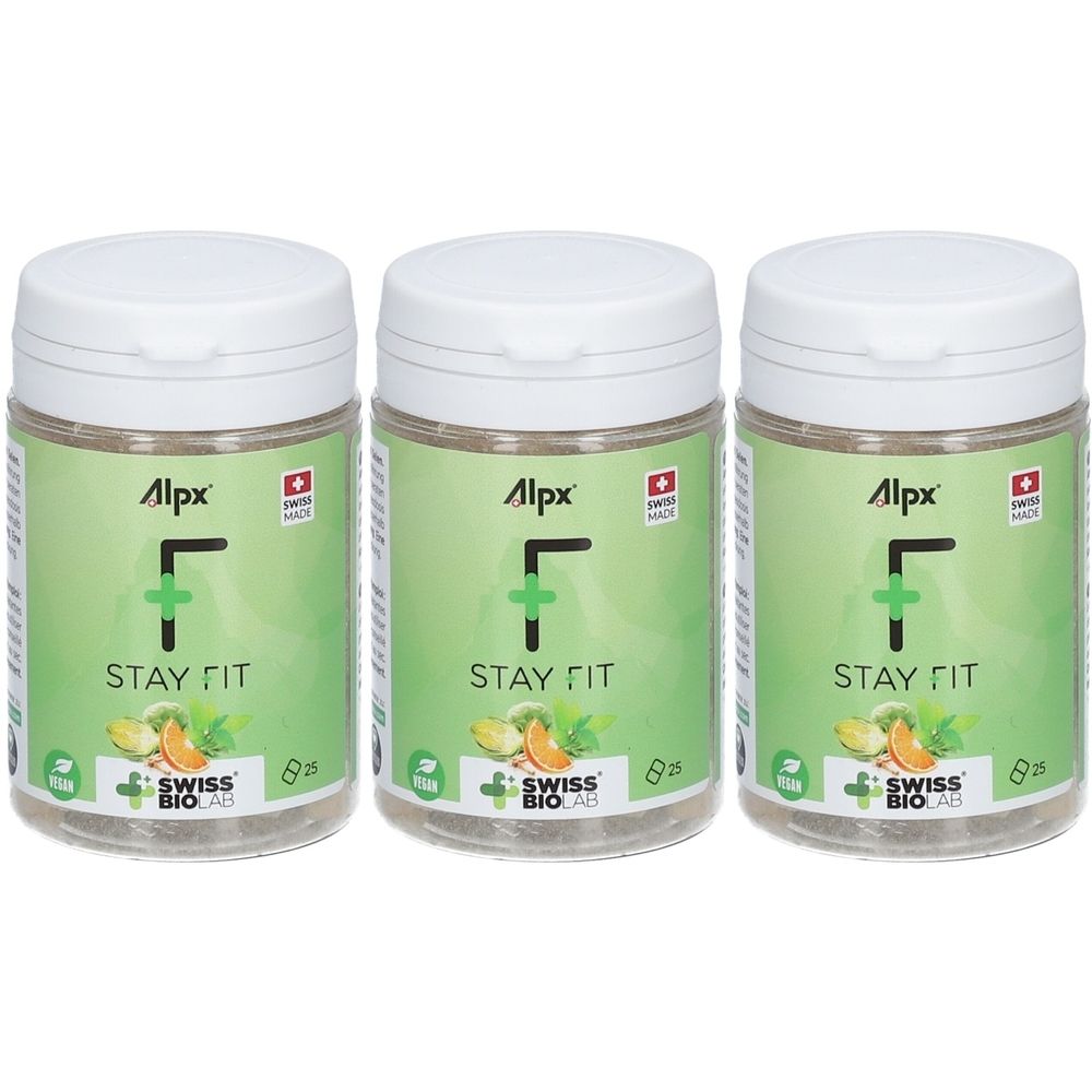 Trois pots avec couvercles blancs. Étiquettes avec "Alpx STAY FIT". Illustrations de fruits et feuilles. Logo Swiss Bio Lab.