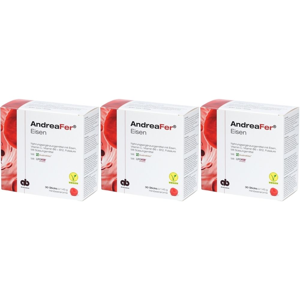 Trois boîtes AndreaFer Eisen. Emballage blanc avec accent rouge. Inscription: AndreaFer Eisen, vitamine C, B6, B12, acide folique.