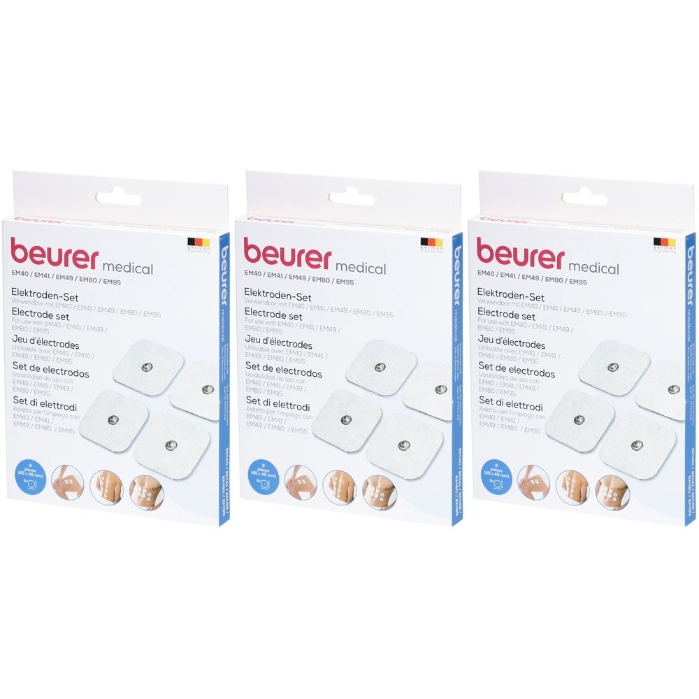 Trois boîtes d'électrodes. Inscription : beurer medical, Electrode set. Électrodes carrées, 4 par paquet.