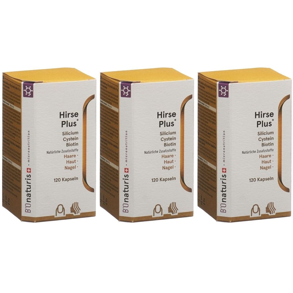 Trois boîtes de BIONATURIS Hirse Plus. Inscription : Silicium, Cystéine, Biotine, Cheveux, Peau, Ongles. 120 gélules. Emballage marron et blanc.