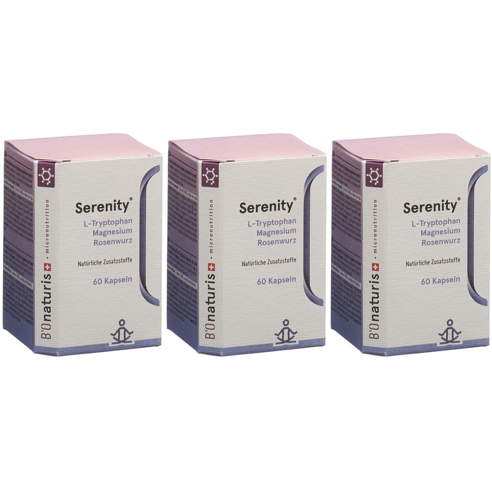 Trois boîtes de BIONATURIS Serenity. Inscription : Serenity, L-Tryptophane, Magnésium, Rhodiola, 60 gélules. Logo et nom de marque B'Onaturis.