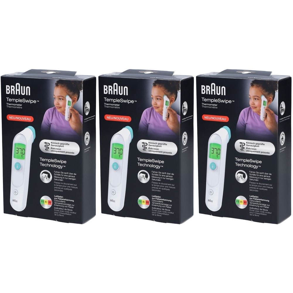 Trois boîtes de thermomètres BRAUN Templeswipe. Chaque boîte montre un enfant utilisant le thermomètre. L'écran affiche 37,0 degrés.