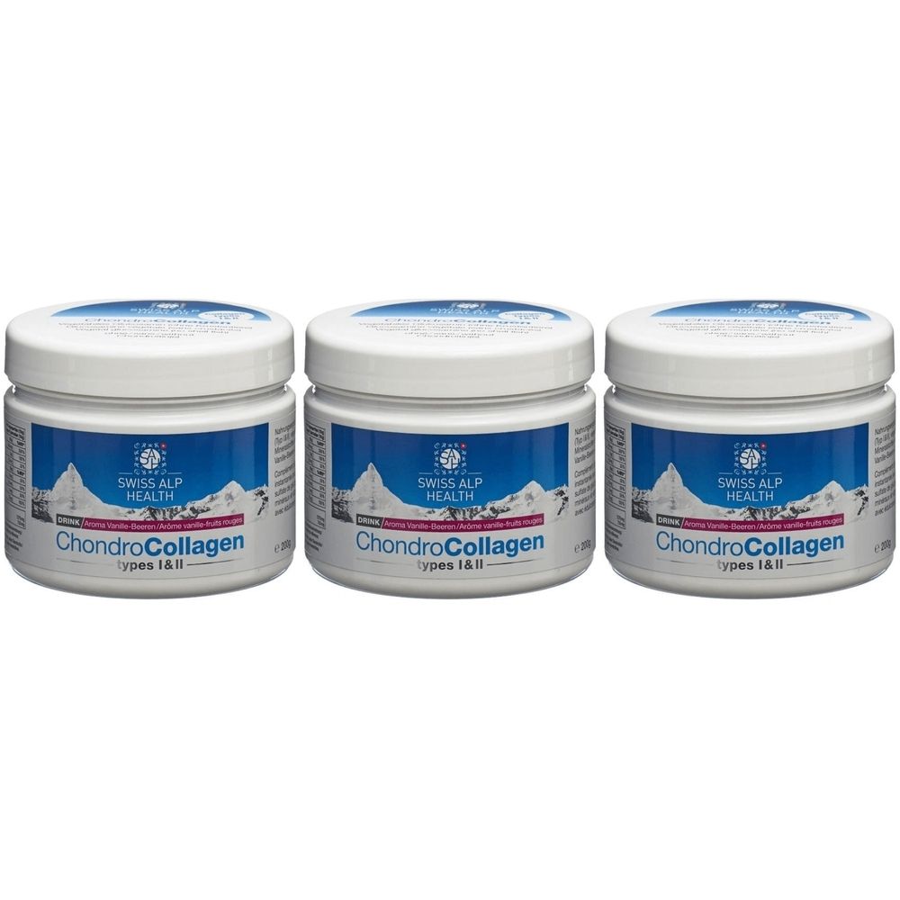 Trois pots blancs avec couvercles. Les étiquettes indiquent "SWISS ALP HEALTH ChondroCollagen Types I & II".