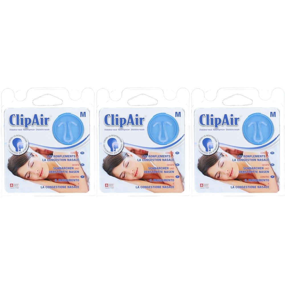 Trois emballages de dilatateurs nasaux CLIPAIR M. Chaque emballage montre un embout nasal bleu et une personne endormie. Texte en allemand, français et italien.