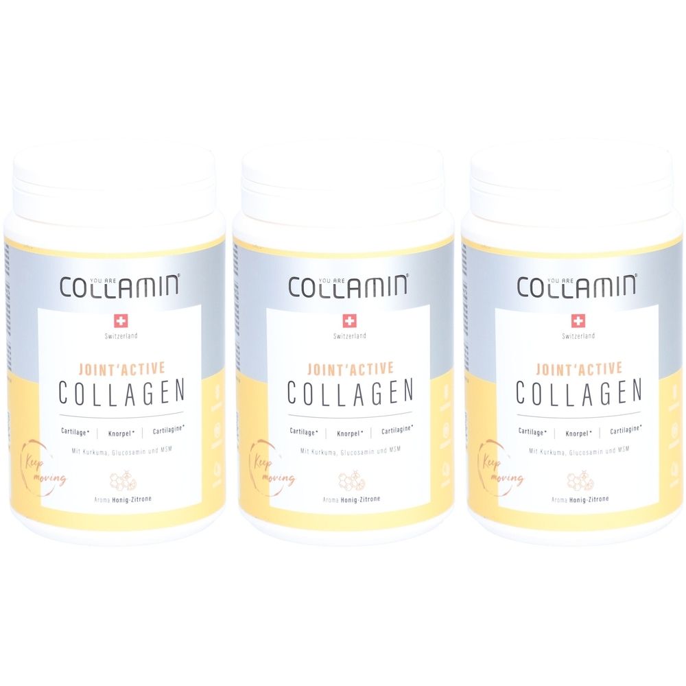 Trois boîtes blanches avec l'inscription COLLAMIN, croix suisse et Joint'Active Collagen. Fond jaune.